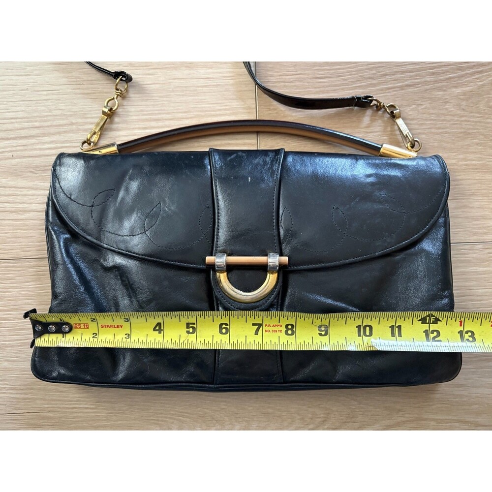 Vintage Black Leather Clutch Shoulder Bag Gold Tone Metal Clasp Flap Style - Picture 7 of 7